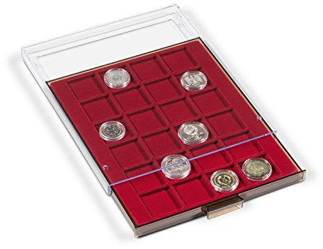 Star Collect Münzbox - 24 eckige Münz-Fächer - samtartige rote Einlage - 42 x 42 mm Felder für Broschen/Orden
