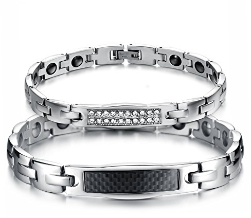 JewelryWe Valentinstag Schmuck 2pcs Partner Magnetarmband, Lieben Freundschaftsarmband, Magnet Armband aus Edelstahl Zirkonia Kohlenstoff Faser, Schwarz Silber