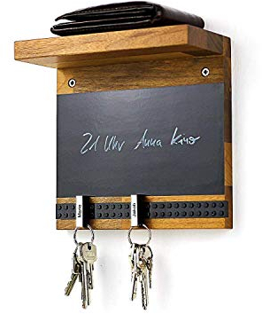 Schlüsselbrett Play 205 Holz | Schlüsselboard mit Ablage | Schlüsselleiste Nussbaum mit 5 Schlüsselanhängern zum selbst beschriften | Memoboard Tafel mit Kreidestift | Farbe wählbar