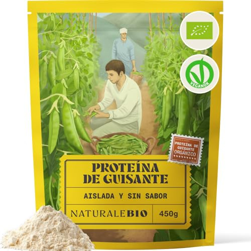 NaturaleBio Bio Erbsenproteinpulver Veganes Isolat | 450 g. Sojafreies Erbsenprotein 81%, ohne Gentechnik, zuckerfrei, für Shakes, Smoothies und pflanzliche Rezepte.