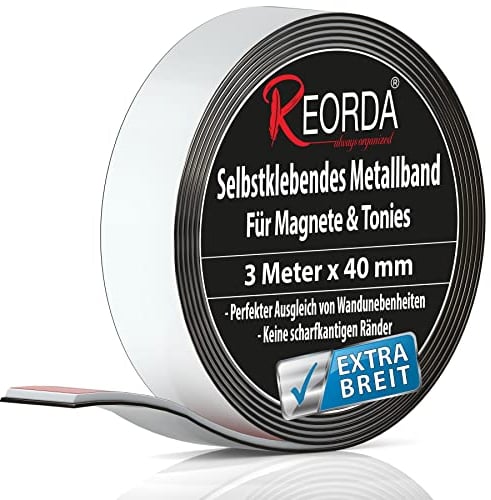 Reorda - Nastro autoadesivo per magneti - Banda adesiva per magneti - nastro metallico adesivo per magneti I Tagliabile I Resistente I Flessibile (Lunghezza nastro 3 m, larghezza 4 cm)