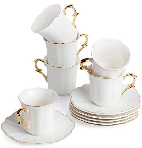 BTaT Espresso Cups and Saucers, 2.4 oz, Set of 6, Gold Trim Gift Box, Porcelain Demitasse Cups