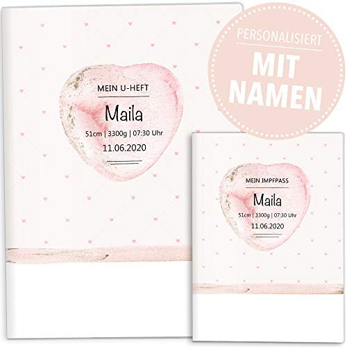 OLGS U-Heft- und Impfpasshülle Set | Rosa Herzchen | Hüllen für Kinder Untersuchungsheft & Impfpass | Geschenkidee mit Namen und Geburtsdatum (U-Heft Hüllen Set personalisiert, Rosa Herz)