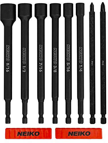 NEIKO 10067A Magnetic Impact Nut Driver and Power Bit Tool Set | 8 Pieces, SAE | 6 Inches | Shank Nut Driver Bits Setters | Magnetic Tip Sockets | 1/4 Inch Hex Shank