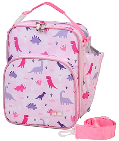 Lunch Bag for Kids,VASCHY Large Capacity Insulated Lunch Box Bag for Girls Lightweight Thermal Lunch Tote Bag Portable Cooler Bag with Bottle Pocket Adjustable Shoulder Strap for School(Pink Dinosaur)