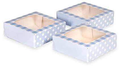 Anniversary House 3-pack Blue Treat Boxes, Gingham and Polka Dot Print, Cookie and Favour Boxes, Strong, Sturdy, 3.8 x 11.4 x 11.4 CM, J160