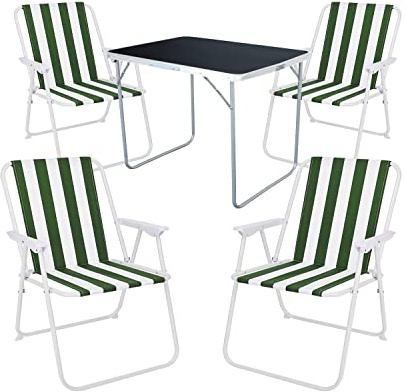 Mojawo 5-TLG. Camping Set Campingtisch Schwarz Gartenmöbel + 4 STK. Campingstuhl Klappstuhl Grün Weiß Outdoor