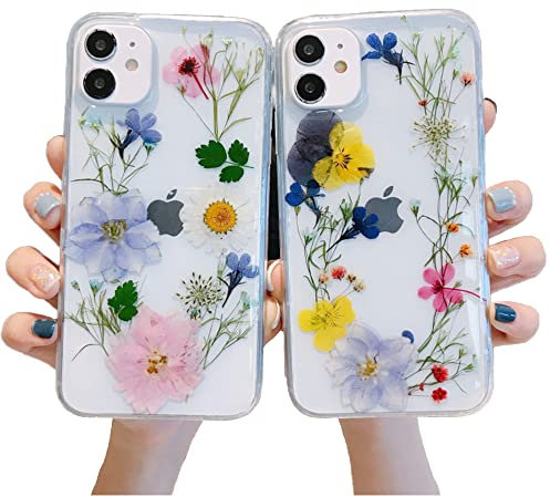 Flower Case for iPhone, Real Dried Flowers Transparent Flexible Pressed Dry Case Compatible with iPhone 13 12 11 pro Max XS XR X 7 8 plus SE 2022 (Style 1,iPhone 12 Mini)