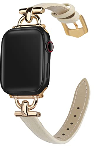 mxiixnai Leather Strap Compatible with Apple Watch Straps 44mm 45mm 49mm 46mm 42mm Women, Slim Thin Leather Replacement Strap for iWatch Bands Series 10 9 8 7 6 5 4 3 2 1 SE Ultra 2,Milky White/Gold