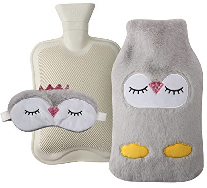 KAV Beautifully Faux Fur Cover with Hot Water Bottle and Satin Eye Mask - Durable 2L Size Eyemask and Bottles for Relaxing Sleep