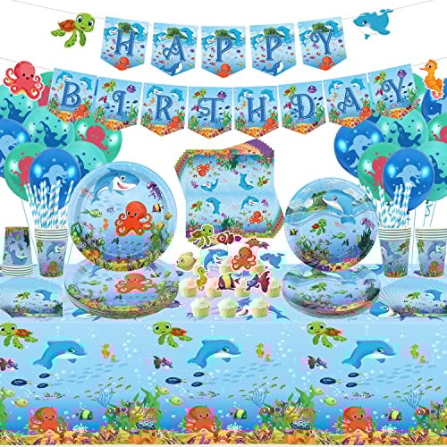 LSJDEER Unter dem Meer Partybedarf – Meer Partygeschirr – Teller, Tassen, Servietten, Tischdecke, Banner, Luftballons, Kuchendeckel für Unterwasserwelt-Geburtstagsparty-Dekorationen