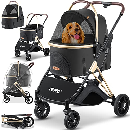 LOVPET® Hundewagen 3in1 Hundebuggy bis 20kg Hundebox Transporttasche faltbar klappbar Große Räder Netzfenstern Regenschutzabdeckung Getränkehalter Kuscheldecke Katzenbuggy Jogger Buggy für Haustiere