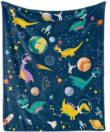 Decke Dinosaurier Kuscheldecke Weltraum Dinosaurier Kuscheldecke Raumfahrt Dinosaurier Weich Plüsch Wohndecke Dino Flanell Fleecedecke für Jungen Jugendliche Geschenk Sofadecke Couch, Blau, 130x150cm