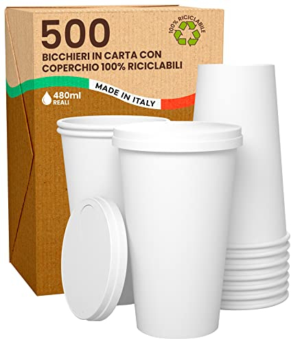 500 Gobelets Jetables en Carton à Emporter avec Couvercle Blanc, Compostables en Carton Solides - 480ml