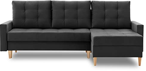 Ecksofa Lena 227x148 mit schlaffunktion und Bettaksen - Klassisch Design - Eckcouch mit Stauraum - Auffälliger Kronos Stoff - Kissen - Holzfüße - Auswahl an Farben (Kronos 34 RECHTS)