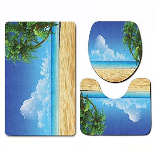 Weich Badematten & Badteppiche Set 3 teilig Mikrofaser rutschfest Badezimmerteppich,Ozean-Palme-Blätter im tropischen Sand-Strand-Meer-Landschaftsgrafi,Maschinenwaschbar Badvorleger und Toilettenmatte