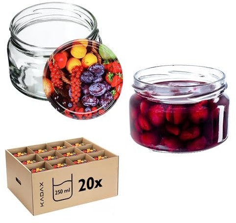 KADAX 20er Set Marmeladengläser 250 ml mit Schraubdeckel Ø 82 mm in Obst - luftdichte, spülmaschinenfest, ideal für Marmelade, Chutneys, Eingelegtes Gemüse, Fleisch, Pasteten & Babynahrung