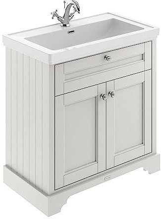 Hudson Reed LOF406 Old London Traditional Bathroom Floor Standing 2 Door Vanity Unit & 1 Tap Hole Fireclay Basin, 800mm, Timeless Sand