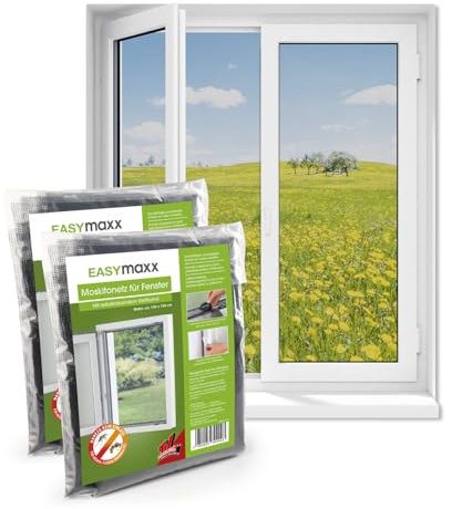 EASYmaxx Fliegengitter für Fenster mit Klettverschluss | Moskitonetz zuschneidbar bis 150x130cm | Einfache Montage des Insektenschutzes - ohne Bohren & Schrauben | Selbstklebendes Klettband [2 Stück]