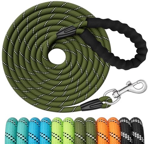 X XBEN Training Leads for Dogs, 20M/65FT Strong Rope Long line Dog Lead Leash with Soft Padded Handle and Heavy Duty Hook, Reflective Recall Training Leads for Large Medium Small Dog, Olive