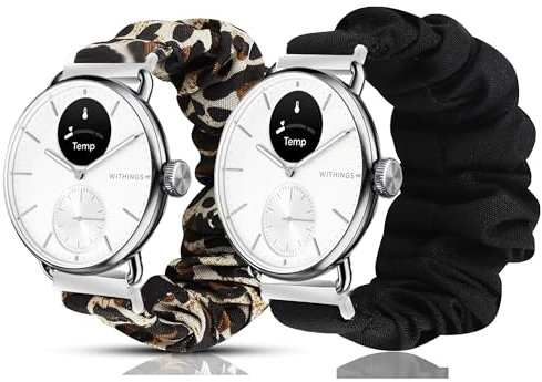 Blueshaweu Bracelet Compatible avec Wit-hings Smartwatch,en Tissu Imprimé Élastique Bracelet de Montre du Wit-hings Scanwatch 18mm/20mm Smartwatch (20mm, 2 packs-Noir+Léopard)