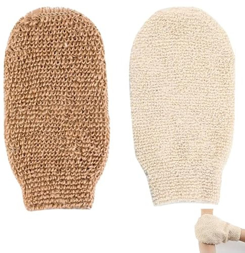 2 Paquet de Gants Exfoliants, Gants Nettoyants Exfoliants en Ramie, Gants Exfoliants en Fibres Naturelles, Convient aux Hommes aux Femmes, Élimine les Peaux Mortes - Marron,Riz Blanc
