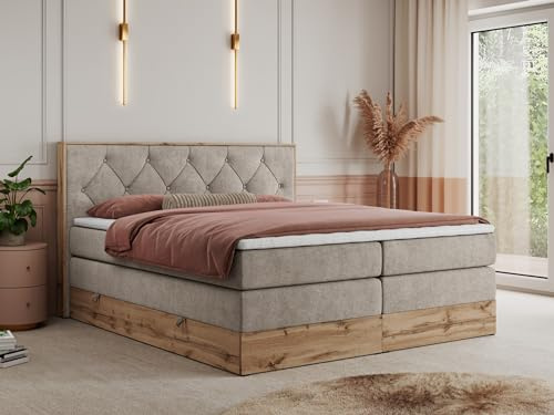 MKS MEBLE King Boxspringbett 140x200 mit Kopfteil und Bettkasten, Polsterbett mit Matratze H3 und Topper T25, Wotan Eiche Dekor - Beige Strukture - Veneto King
