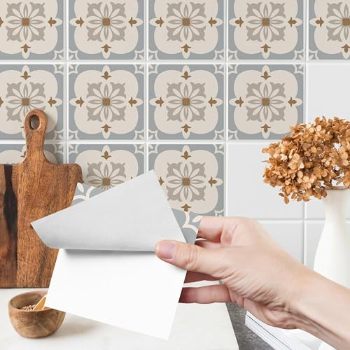 Muralo 24 Stück Fliesenaufkleber Ornamente im Retro-Stil - 25x25 cm | Klebefliesen, Selbstklebende Fliesen, Mosaikfliesen - ideal für Küche, Bad und Flur, Küchenrückwand, einfach anzubringen