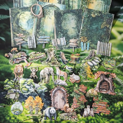 Arpaper 100pcs Scrapbook Stickers Zubehör,Waldes Tiere Thema PET Scrapbooking Für Bullet Journal Notebook,DIY Journaling,Painting(Jungle Adventure)