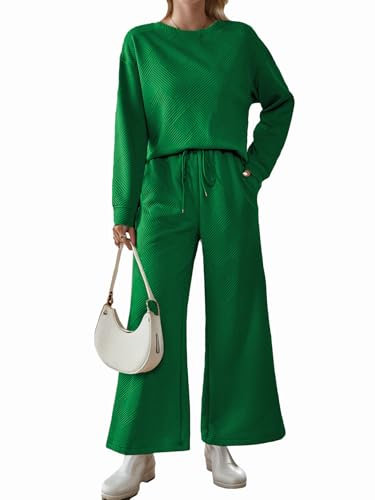 IFFEI Zweiteiler Damen Hausanzug Gerippte Strick Lounge Set mit Langarm Rundhals Pullover und Lange Hose Freizeitanzug Tracksuit 2 Teiler Set Outfit Grün Medium