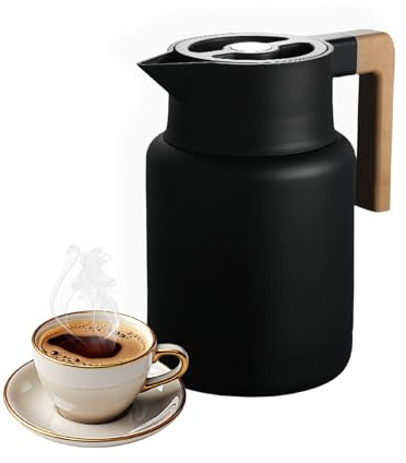 Thermoskanne Kaffeekannen Aus Edelstahl, Thermosflasche Vakuum Isolations Holzgriff, Für Heißen Und Kalten Teekaffee, Küche, Büro, Hotel (Schwarz,1300ml)