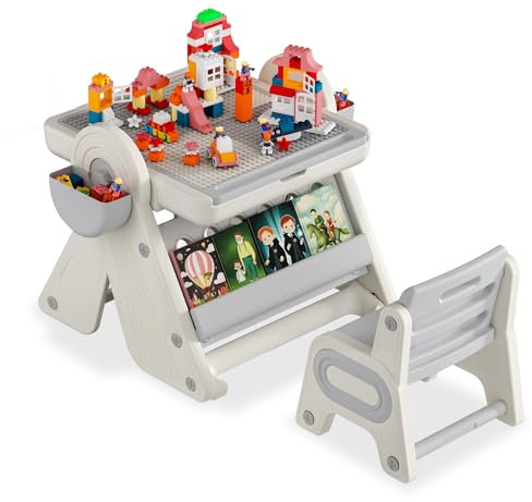 FIVMEN Kindertisch mit 1 Stühlen Spieltisch mit Stauraum und Kompatibler Bausteine Faltbar Kinder Tisch Stuhl Set Kindersitzgruppe für Kinder ab 2 Jahre