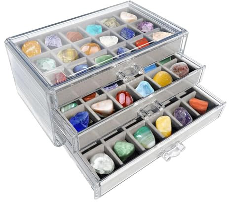 Edelstein Vitrine 54 Fächer,3 Schubladen Rock Sammelbox, Transparente Acryl Stein Sammelbox, Schmuckkästchen,Aufbewahrungsbox Für Kinder Aufbewahrungsbox Crystal Organizer,15,5 X 23,7 X 10,8 Cm