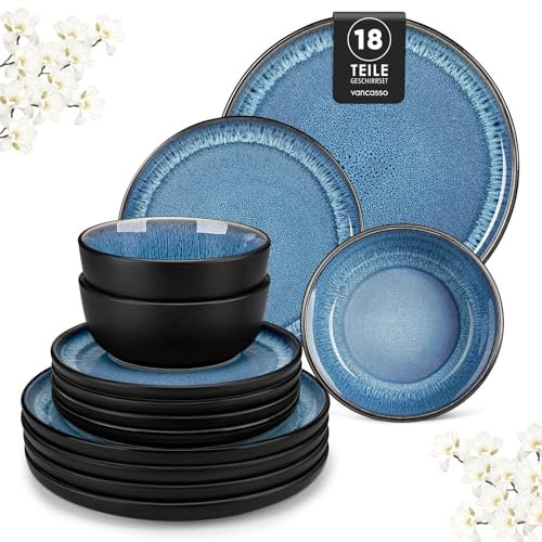 Geschirrset 6 Personen, vancasso PLAYA Steingut Geschirr set 18tlg für 6 Personen, Blau Tafelservice mit Teller set, Schalen & Salattellern, Spülmaschinenfest, Mikrowellengeeignet