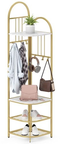 COSTWAY Corner Coat Rack Stand, 4-Tier Freestanding Hall Tree with Shoe Bench, Storage Shelves & 6 Hooks, Metal Frame Garment Rack Clothes Hanger Organiser for Hallway Bedroom (White + Gold)