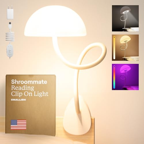 Smallish Shroommate Lampe de Chevet À Pince, Lampe de Lecture Lit Pour la Chambre D'enfant, Lumiere de Bureau, Tête de Lit, LED Multicolore Changeante Avec Adaptateur (Blanc)