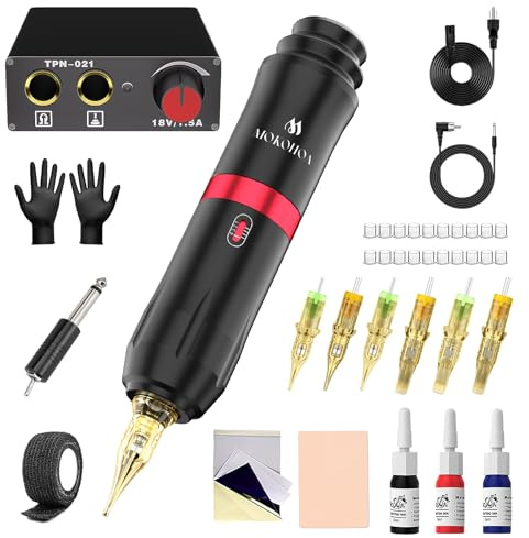 Mokohoa Tattoo Pen Maschine, Tattoo-Maschine für Anfänger, Tätowiermaschine Set mit Tinte, Patronennadeln, Praxisblatt, Gummihandschuhe Tattoo Zubehör(Kohle Schwarz)