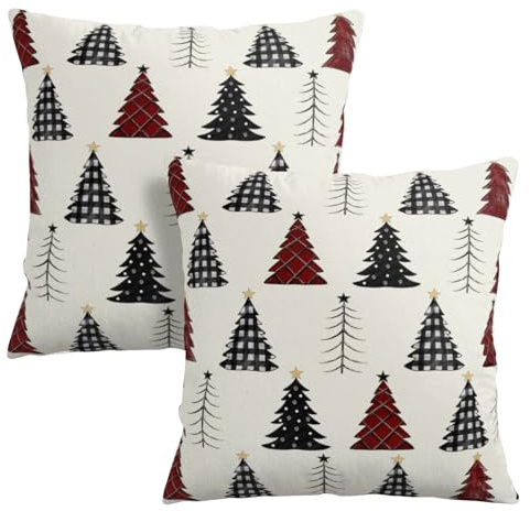Wnoesat Set di 2 federe per cuscini con albero di Natale a quadri, 45 x 45 cm, colore rosso, nero e bianco, decorazione natalizia per esterni, decorazione invernale per divano