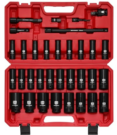 MIXPOWER 33 PCS 1/2” Drive Impact Socket Set, 10 to 36mm Deep, 6-Point Hex Socket with Portable Case,Metric,CR-V&CR-MO Steel