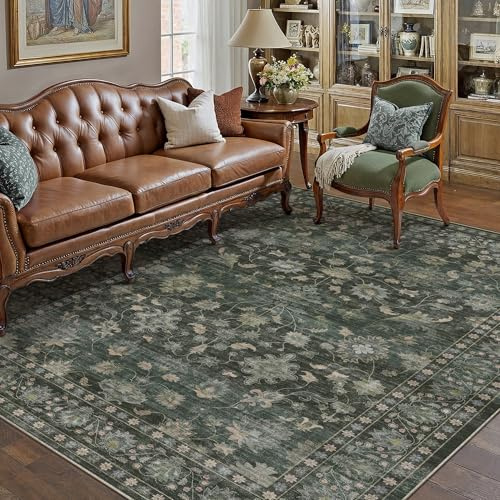 PureCozy Teppich Wohnzimmer 160x230cm Waschbarer Teppiche,Grün | Blumenmuster,Waschbar, Rutschfest, Kurzflor, Weich, Schlafzimmer, Esszimmer, Büro, Flur, Kinderzimmer