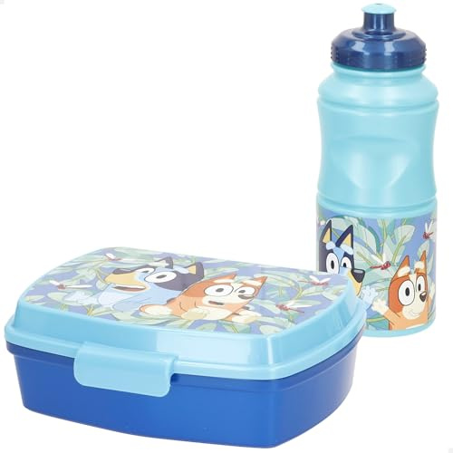 ColorBaby Bluey Set botella y tupper infantil, Licencia oficial, Azul, Capacidad 380 ml, Fiambrera colegio, Pack escolar almuerzo, Kit para llevar, Niños y niñas +4 años (77635)