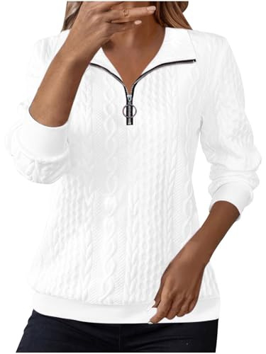 Hoodies for Women UK Women's Jumpers for Women UK Sweatshirts Lapel Half Zip Pullover Knit Cable Ladies Sweatshirt Long Sleeve Tops Fall Winter Sweaters Warm Hoodies Outfit Clothing White M