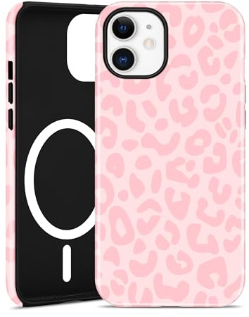 Jusy Handyhülle Magnetische für iPhone 12/12 Pro Hülle, Aesthetic Leopardenmuster Design, Kompatibel mit MagSafe Zweischichtige Stoßfest Bumper Case, Rosa