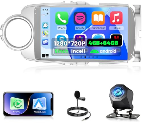 NHOPEEW 4+64G Android Autoradio per Toyota Yaris 2012-2017 con Wireless Carplay e Android Auto - Schermo incell da 9 pollici Supporto WiFi GPS Comandi al volante + Telecamera di retromarcia, Canbus