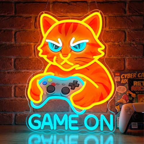 Astuddy Game On Cat Neon Sign,Insegne al neon per la decorazione della parete,Luce al neon a LED per sala da gioco,Divertente gatto che tiene controller Neon Wall Decor,USB Powered luminoso segno per