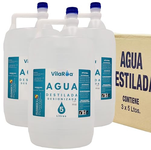 VILAROA Agua Destilada Desionizada 33 Garrafa de 5 litros, Agua Desmineralizada Alta Pureza para CPap, Autoclave, Humidificador, Plancha, Motores, Limpieza, Laboratorio, Plantas, Acuario, Bateria