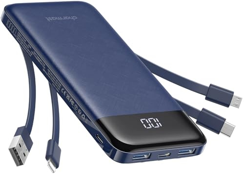 Charmast Portable Charger with 4 Built in Cables, 10000mAh Power Bank 6 Outputs 3 Inputs with LED Display, Travel Essential USB C Battery Pack Compatible with Smartphones Tablets and More