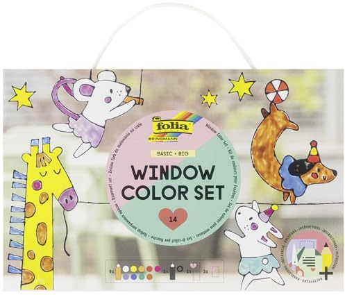 folia 43019 Window Colour Set Basic Big 10 x 80 ml Window Paint for Children with 4 Painting Films and 1 Large Painting Template with Instructions (English language not guaranteed) for Smooth Surfaces