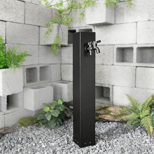 Wassersäule Garten aus Edelstahl, Wasserzapfstelle Außen frostsicher mit Schlauchhalter, Garten-Wassersäule mit Wasserhahn & Spritzpistole, Wasserzapfsäule(A)