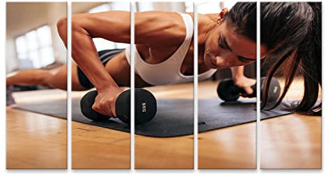 islandburner Bild auf Leinwand Starke Junge Frau Push Ups Hanteln Fitness Modell In Turnhalle Bilder Wandbilder Poster